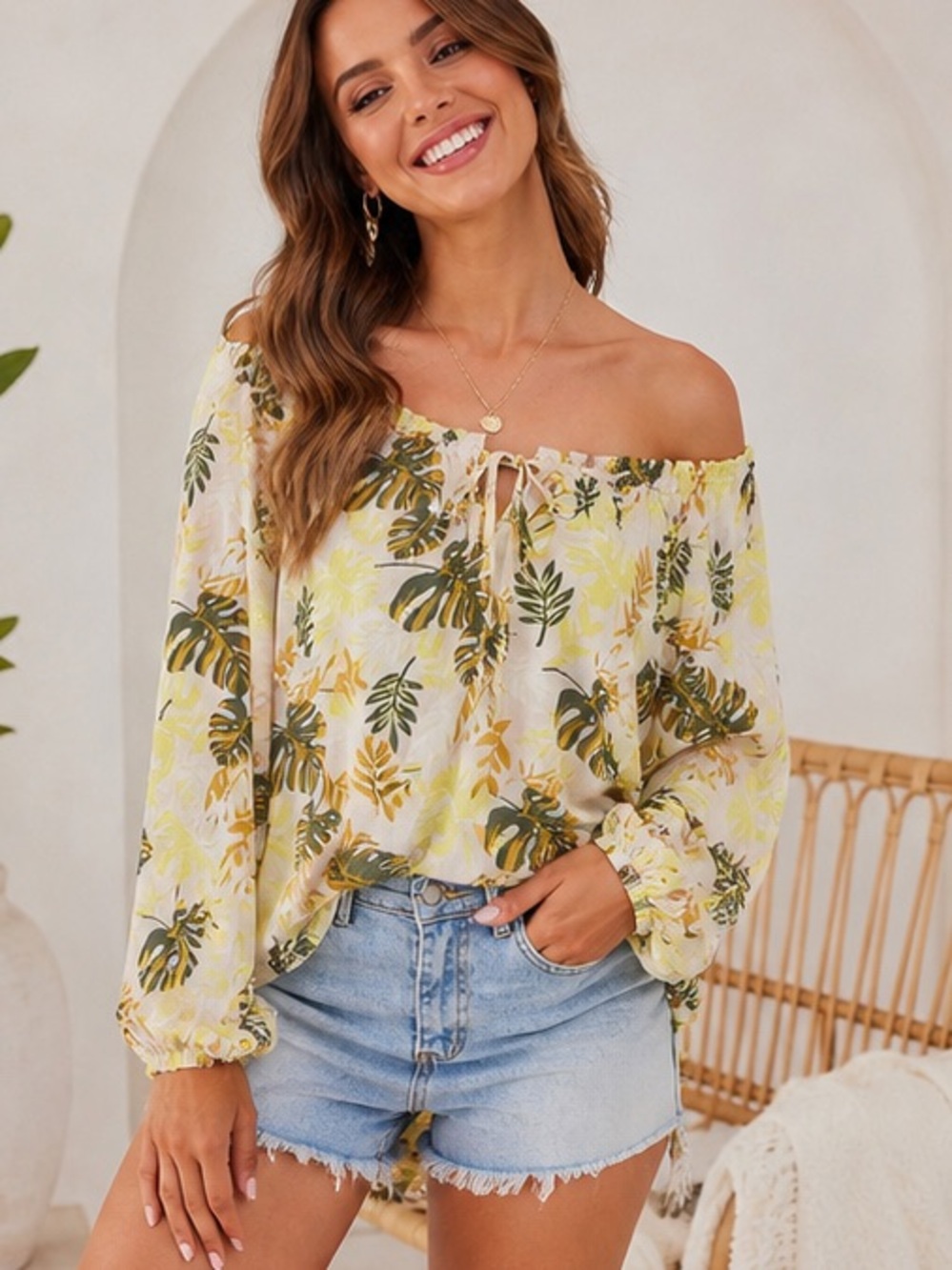 Sanctuary Tropical Leaf Blouse Off Shoulder Boho Rayon Top L